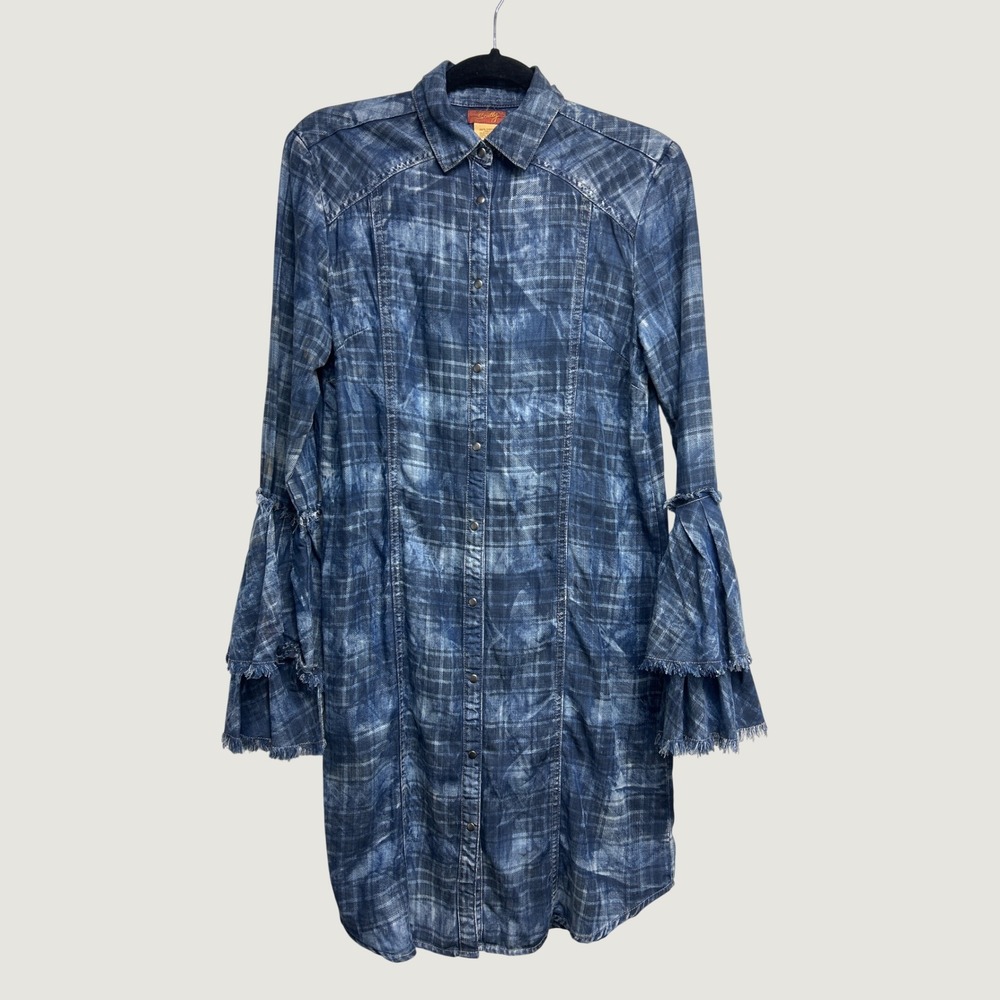Scully Shirt Dress Womens S Blue Acid Wash Plaid Tiered Bell Sleeve Western Boho